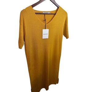 CHERRYBOOM Mustard Yellow Knit Short Sleeve Midi V-Neck Dress Womens Small NWT